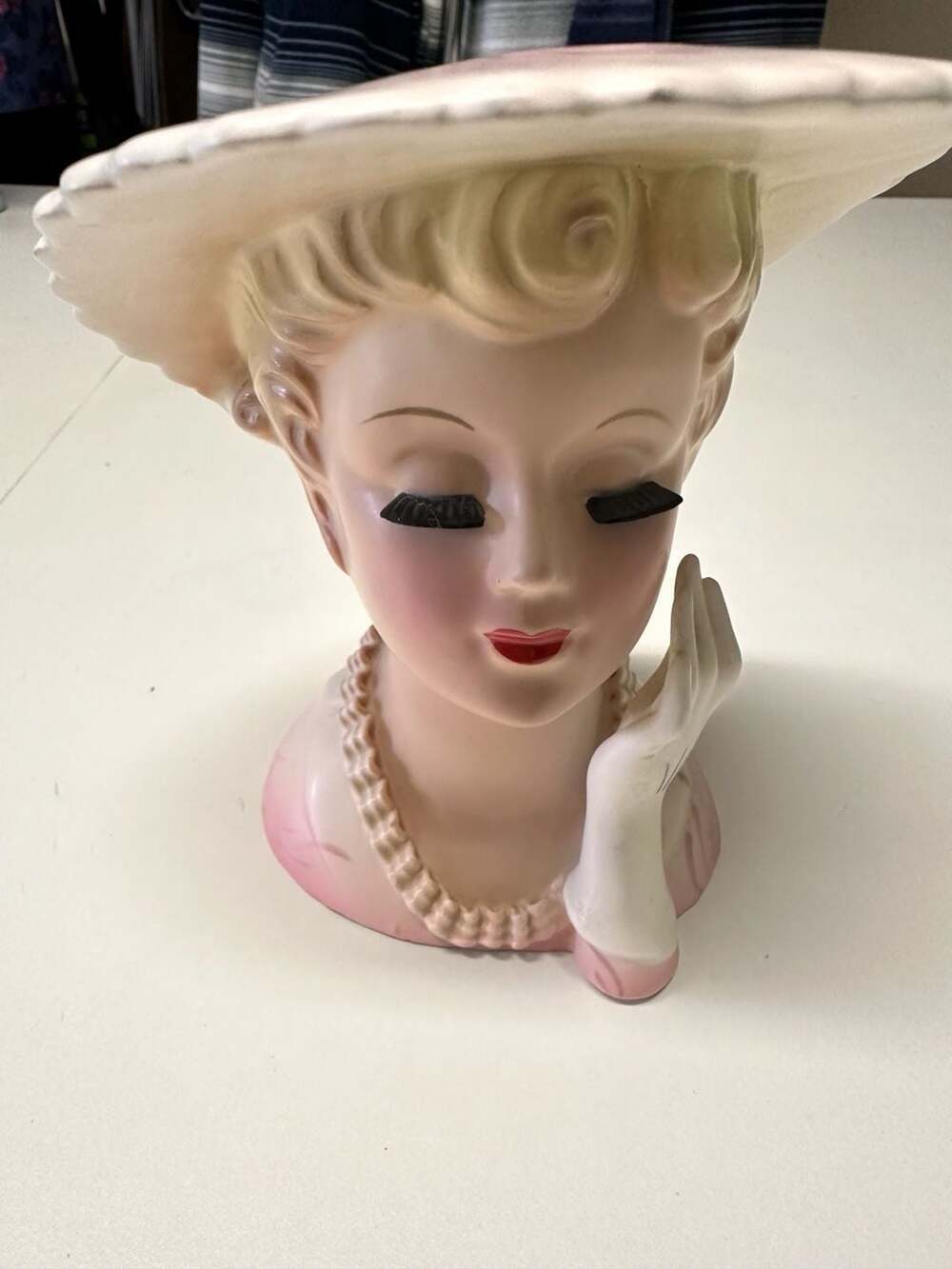Vintage Ceramic #4071 Lady Head Vase Blonde with Pink Hat and Gloves